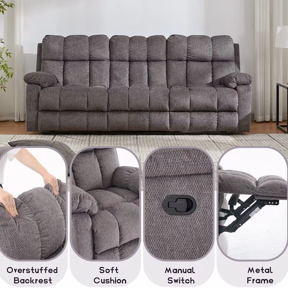 FURNITURE ONE Manual Recliner Sofa Set in Grey Fabric Upholstery, including 2-Seater Sofa and Armchair – 3