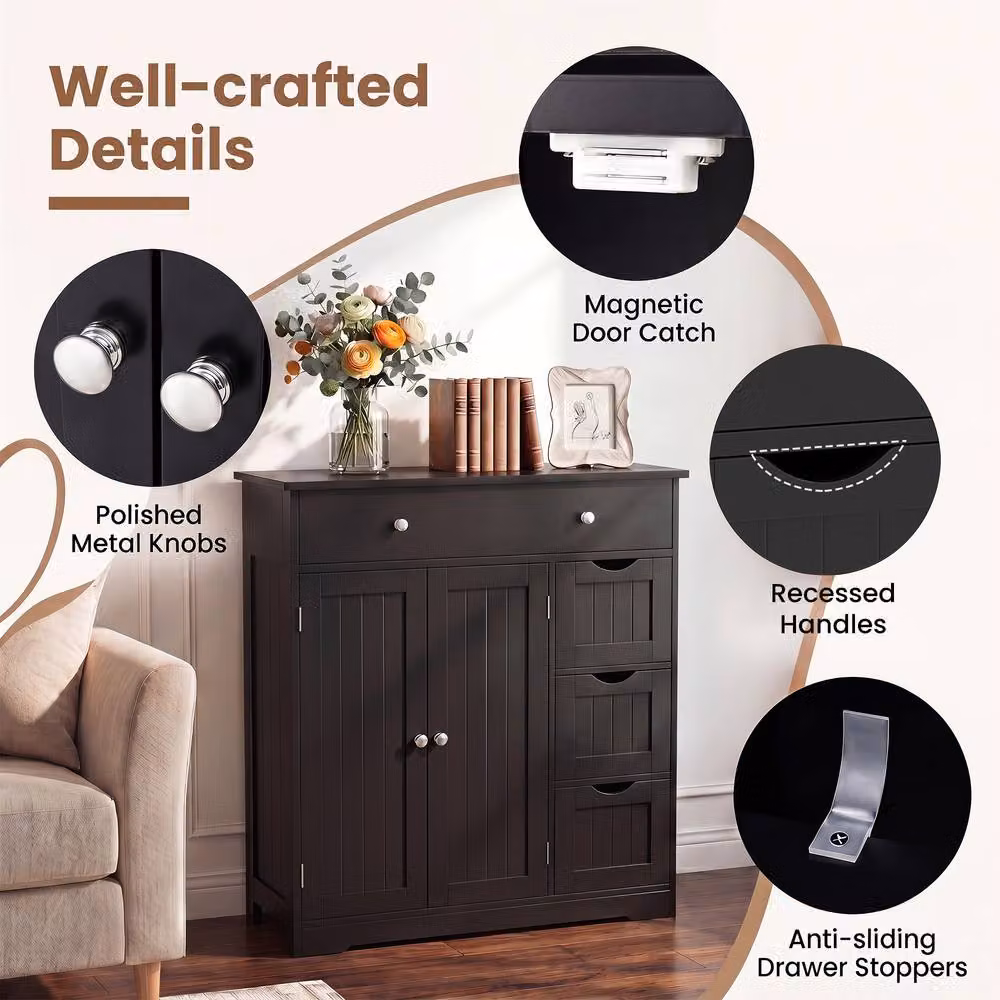 Costway Modern Black Bathroom Floor Cabinet with 4 Drawers and 2 Hinged Doors – 5
