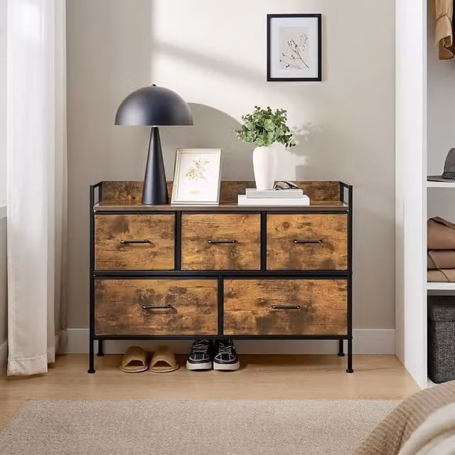 SONGMICS Compact Chest of Drawers with 5 Fabric Drawers and Steel Frame in Brown – 1