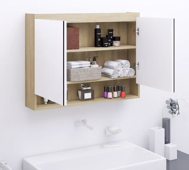 Berkfield Home Modern Wall Mounted Bathroom Mirror Cabinet in White and Oak, W/D/H: 80 x 15 x 60 cm