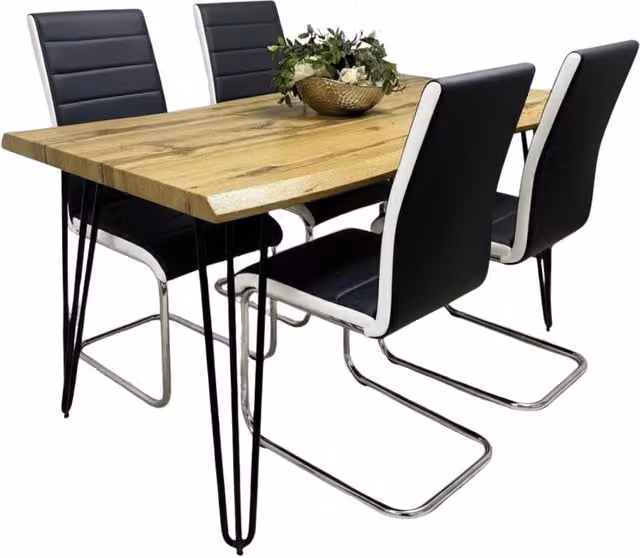KOSY KOALA Rustic Dining Set with Rectangular Wood Table and 4 Black Faux Leather Chairs