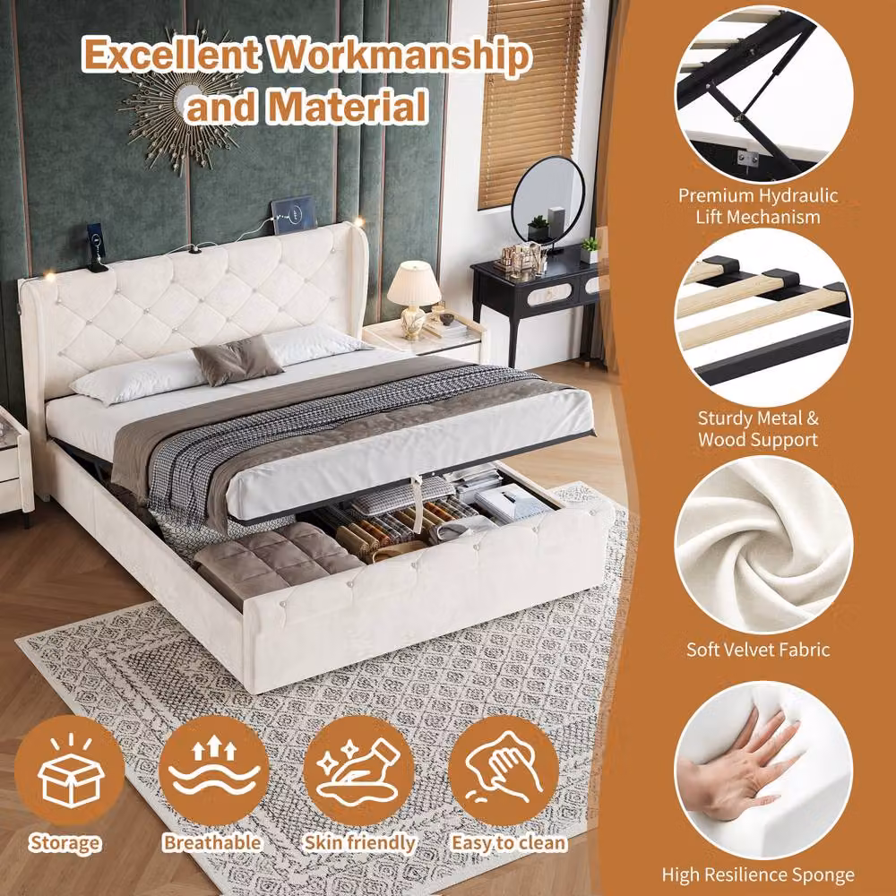 Matteo Double Upholstered Hydraulic Storage Bed Frame in Beige with USB Charging Port and Integrated Reading Light, W/D/H: 140 x 200 cm – 4