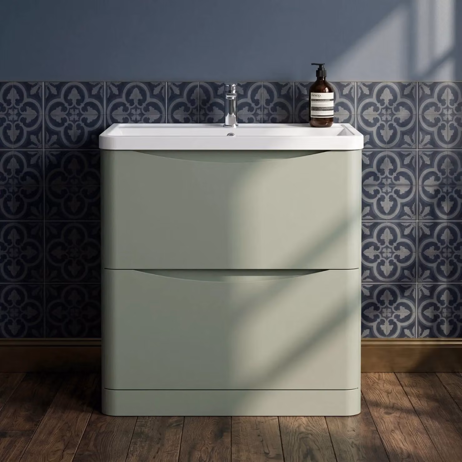 Balterley 2 Drawer Bathroom Vanity Unit and Basin, Green, Width: 75.5 cm – 4