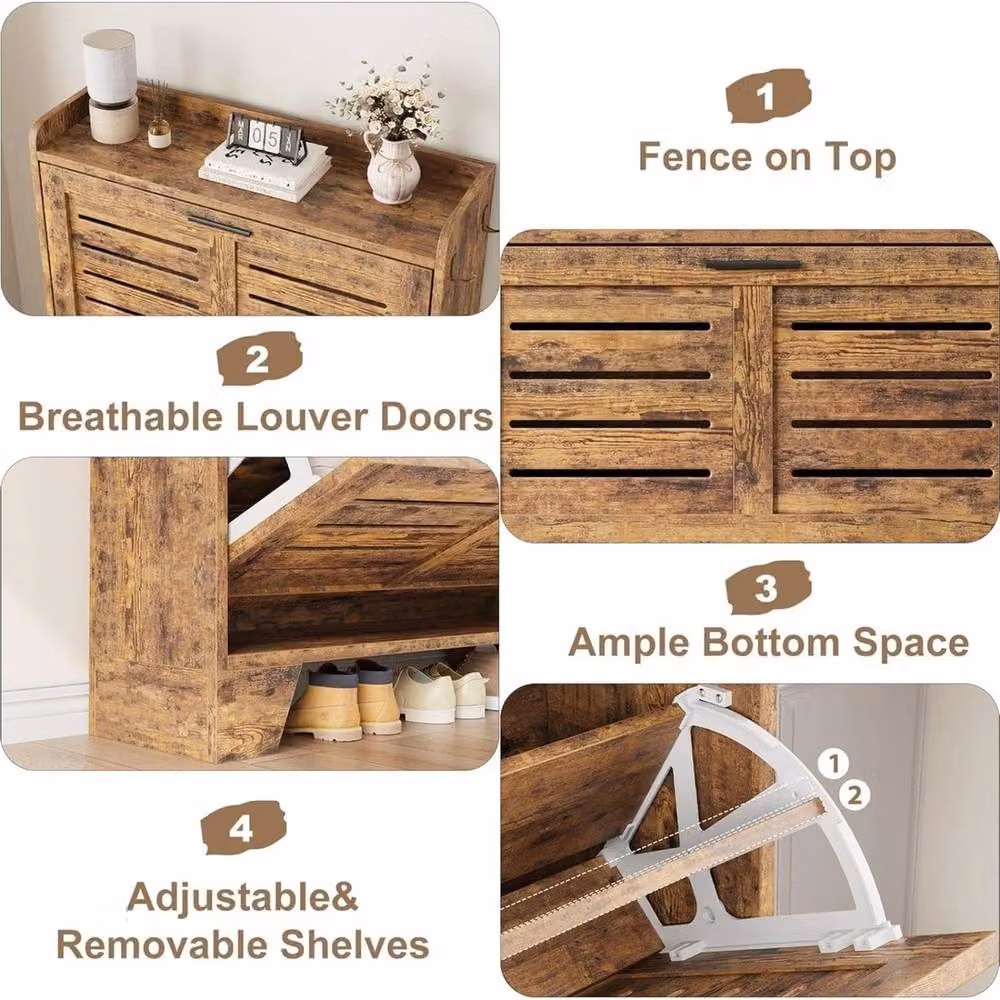 VOGREX Narrow Rustic Brown Wood Shoe Cabinet with Tilting Compartments and Ventilation for Hallways – 5
