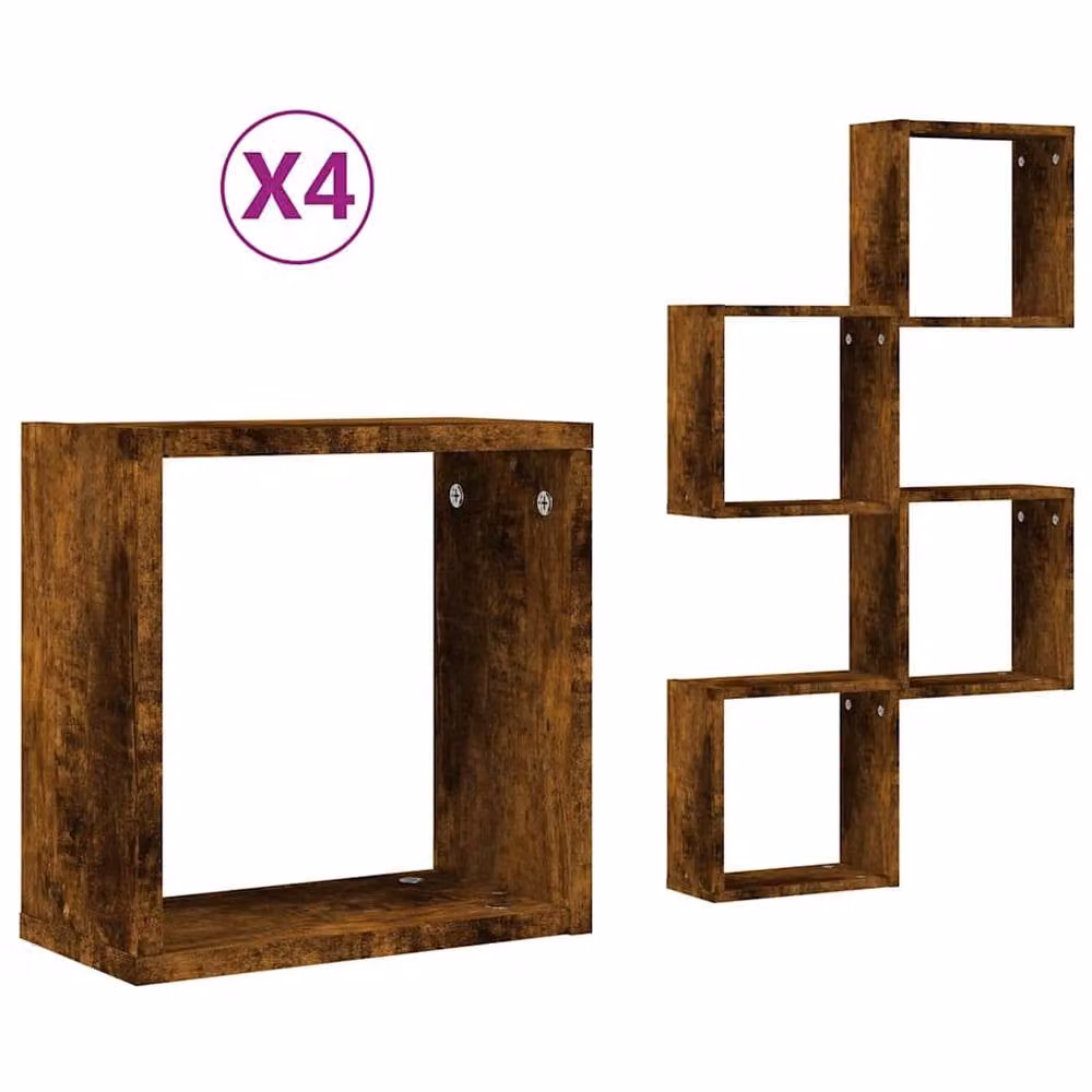 Berkfield Home Wall Mounted Cube Shelves, 4 Piece Set in Smoked Oak Brown, W/D/H: 30 x 15 x 30 cm – 3