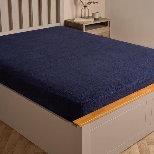 Brentfords Navy Blue Teddy Fleece Thermal Fitted Bed Sheet, W/D/H: 90 x 200 cm