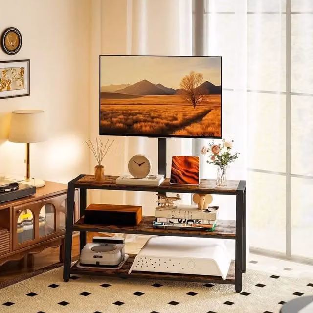 KORVIXA Industrial TV Stand with Swivel Bracket and Open Shelves in Brown