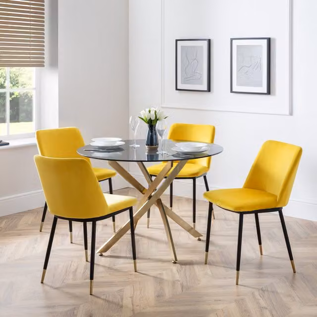 Julian Bowen Monero Round Glass Dining Table and Delaunay Chairs Set in Yellow and Gold