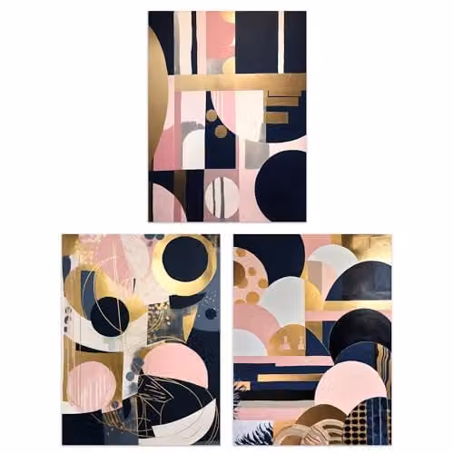 Artery8 Set of 3 A4 Abstract Art Deco Geometric Wall Art Prints in Gold, Pink and Navy Blue – 1