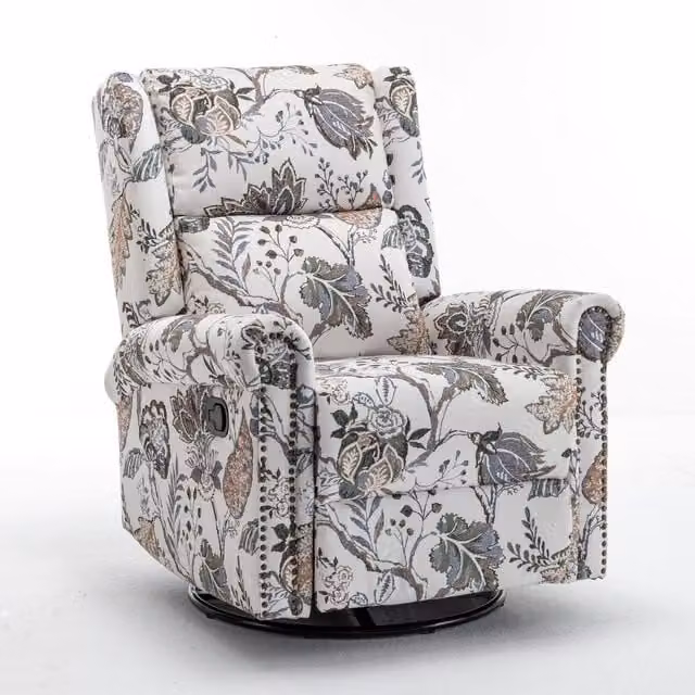 Furniture One Vintage Green Floral Fabric Manual Swivel Single Seater Recliner Chair