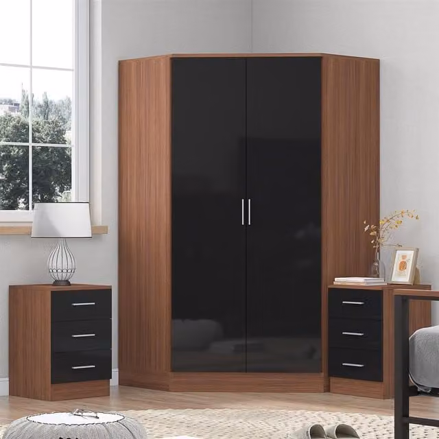 Reflect Black Gloss and Matt Walnut Bedroom Set with Corner Wardrobe and Two 3-Drawer Bedside Tables