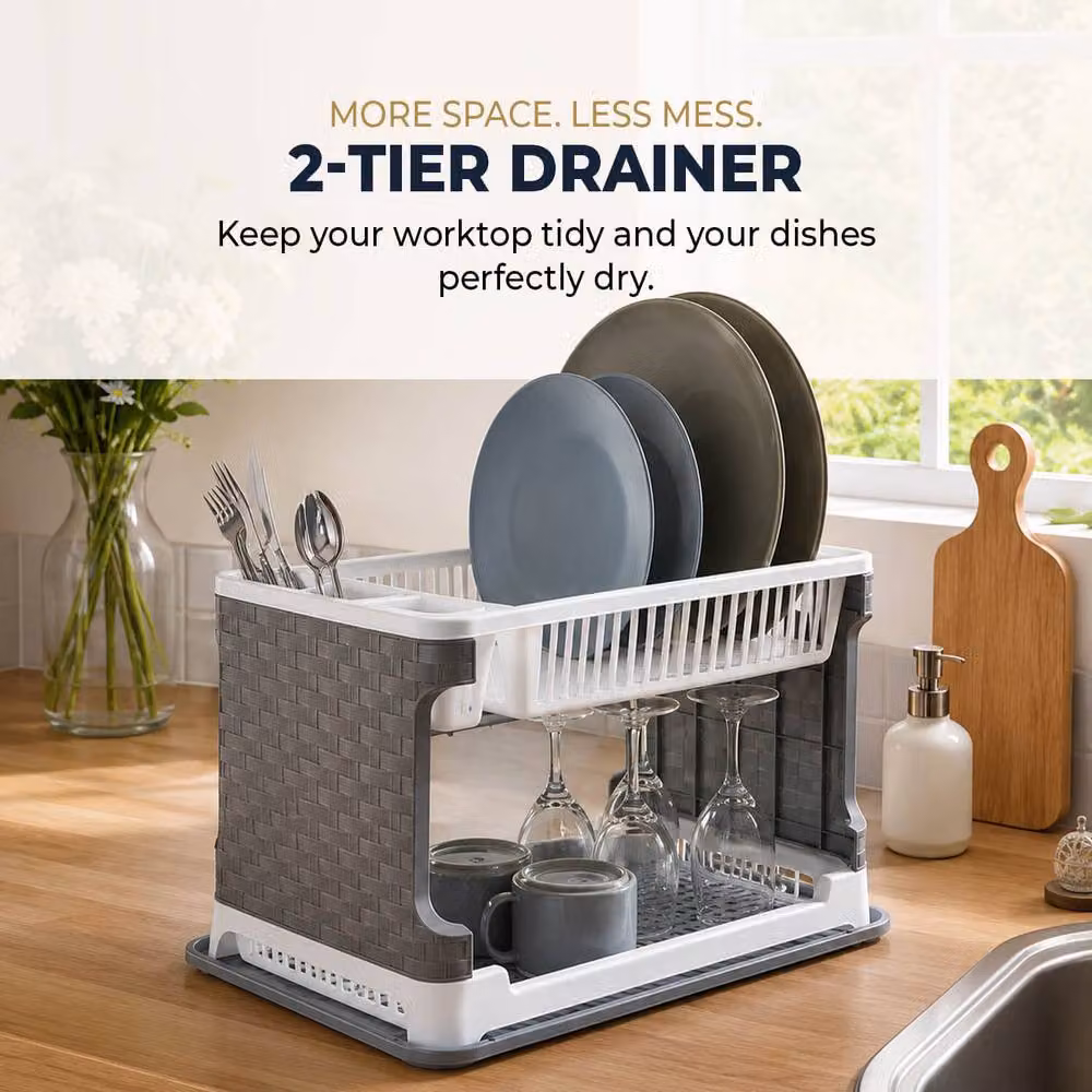 Clarsen 2-Tier Dish Drainer with Removable Drip Tray and Cutlery Holder in Grey and Multicolour – 2
