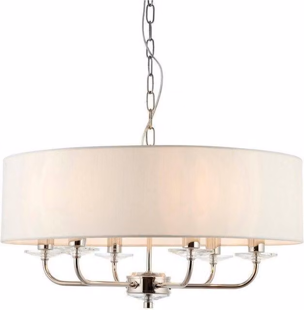 Netlighting Nixon 6 Light Multi Arm Ceiling Pendant in Nickel Plate with Grey White Silk Effect Shades and E14 Base