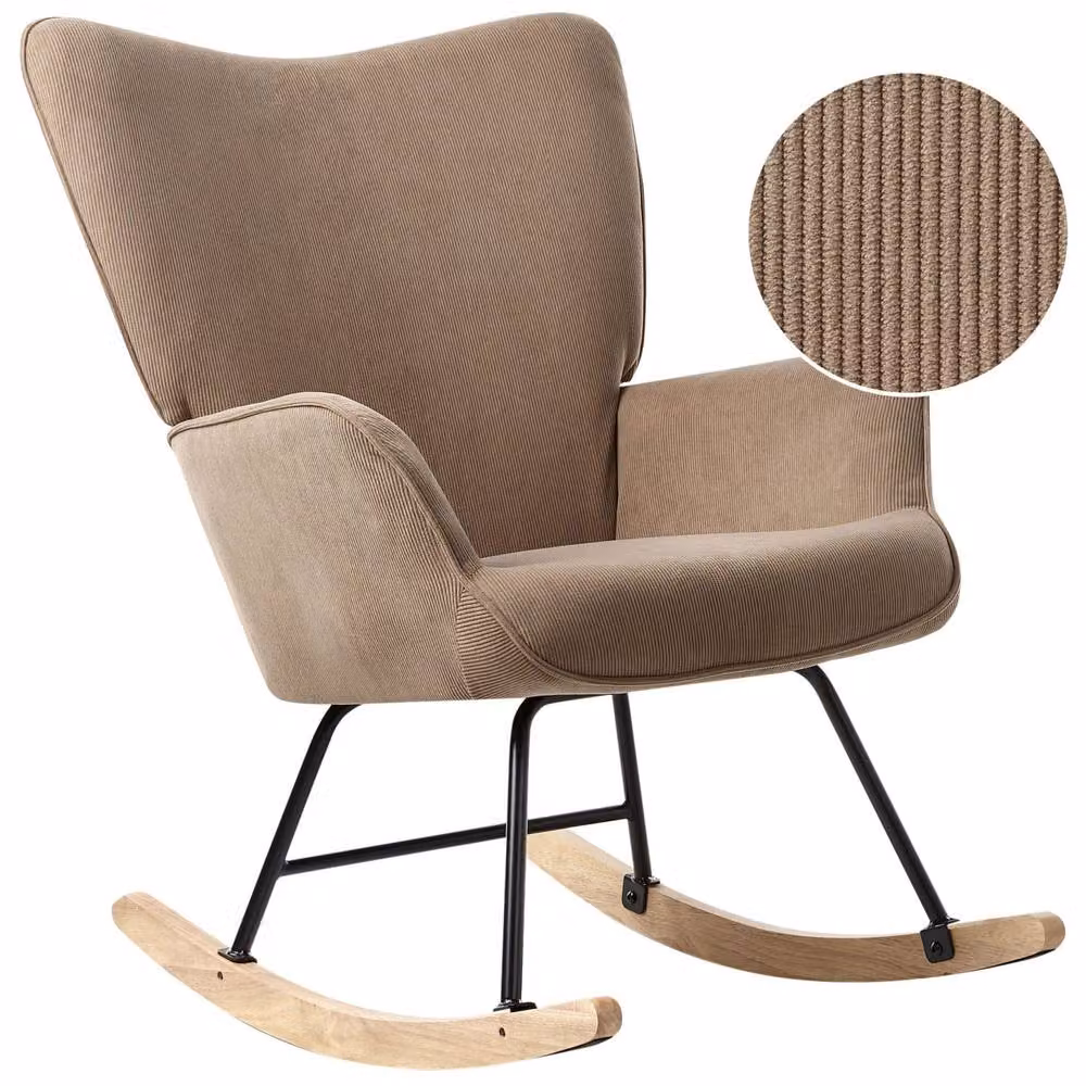 Wyld and Coco Taupe Jumbo Cord Rocking Armchair with Wide Backrest and Black Metal Legs in Beige – 2