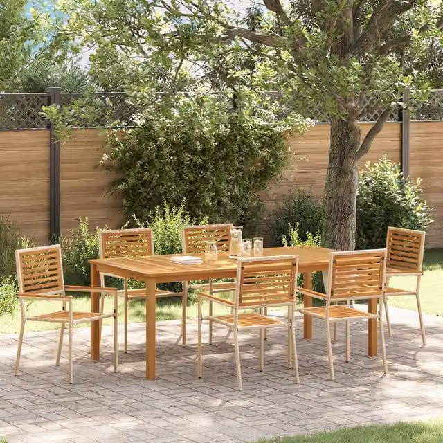 Berkfield Home 7 Piece Modern Garden Dining Set in Beige Poly Rattan and Acacia Wood
