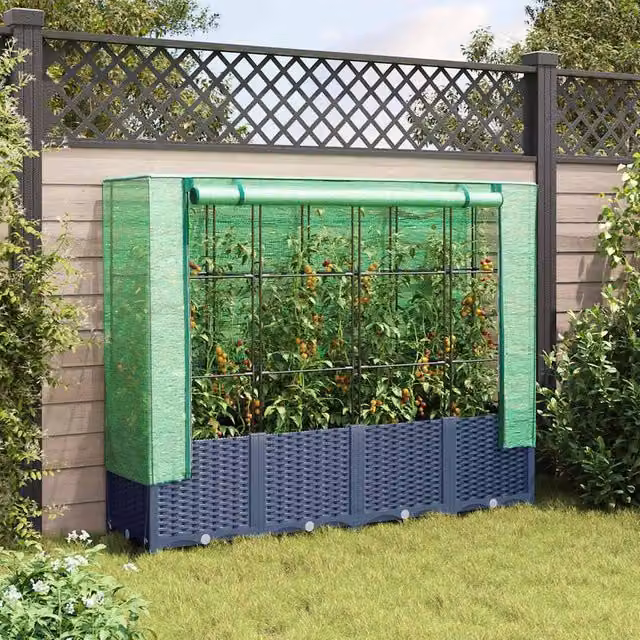 Berkfield Home Raised Bed with Greenhouse Cover in Dark Blue Rattan Look, W/D/H: 160 x 40 x 138 cm – 1
