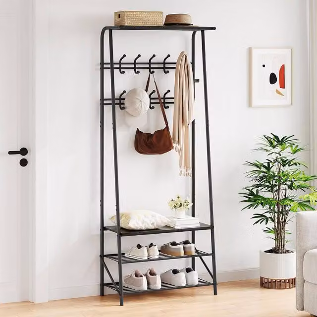 London Boutique 4-in-1 Industrial Hall Tree with Shoe Bench and 10 Hooks, Black