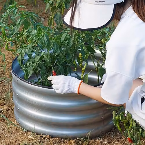 Gr8 Garden Round Galvanised Steel Raised Planter in Silver, W/D/H: 60 x 60 x 30 cm – 3