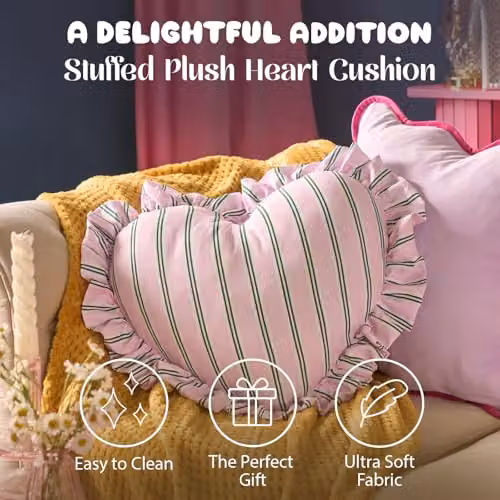 OHS Striped Heart Cushion with Frill Edges, Pink and Green, 40 cm – 2