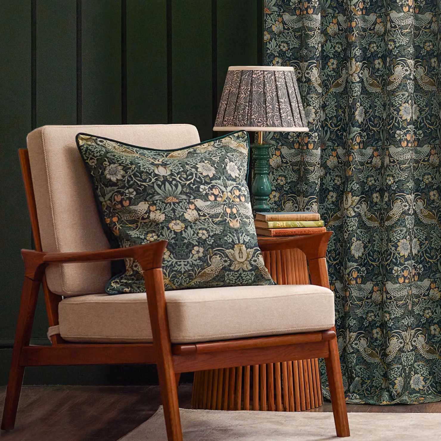 Morris & Co Strawberry Thief Jacquard Floral Room Darkening Pencil Pleat Curtain Pair in Green, Width: 229 cm, Drop: 229 cm – 3