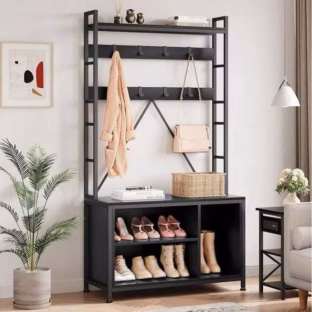 KORVIXA Black 5 in 1 Modern Hall Tree Bench with Coat Rack and Shoe Storage, W: 90 cm
