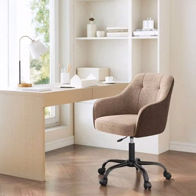 SONGMICS Modern Brown Fabric Swivel Task Office Chair with Armrests and Castors