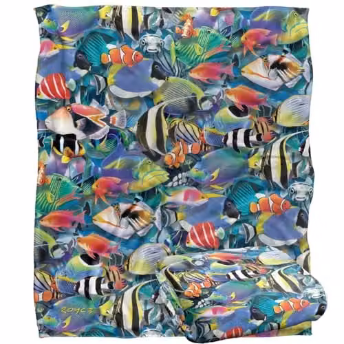 JQ Licensing Royce Mcclure Tropical Fish Jam Pattern Super Soft Fleece Throw Blanket, White and Multicolour, W/D/H: 152 x 127 cm – 1