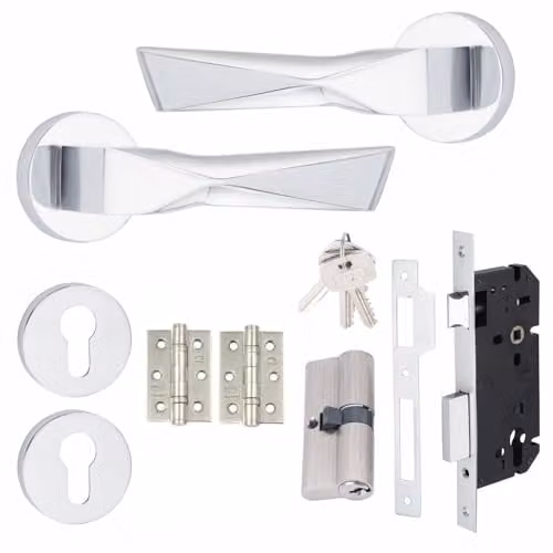 Golden Grace Aura Euro Lock Door Handles, Polished Chrome Key Lock Set, 70mm