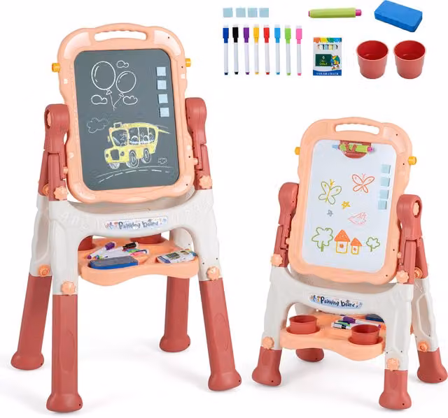 COSTWAY Height Adjustable Art Easel for Children in Pink and Multicolour