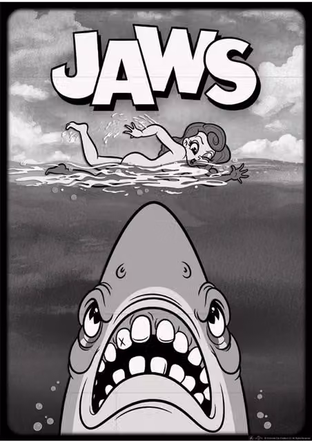 FaNaTtik Jaws Cartoon-style Limited Edition and Numbered A3 Paper Art Print in Grey, W: 29.7 cm, H: 42.0 cm – 4