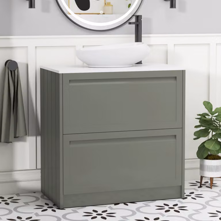 Royal Bathrooms Elmore Floor Standing Vanity Unit with Nova Basin, Matt Green and Plain White Worktop, Width: 80 cm