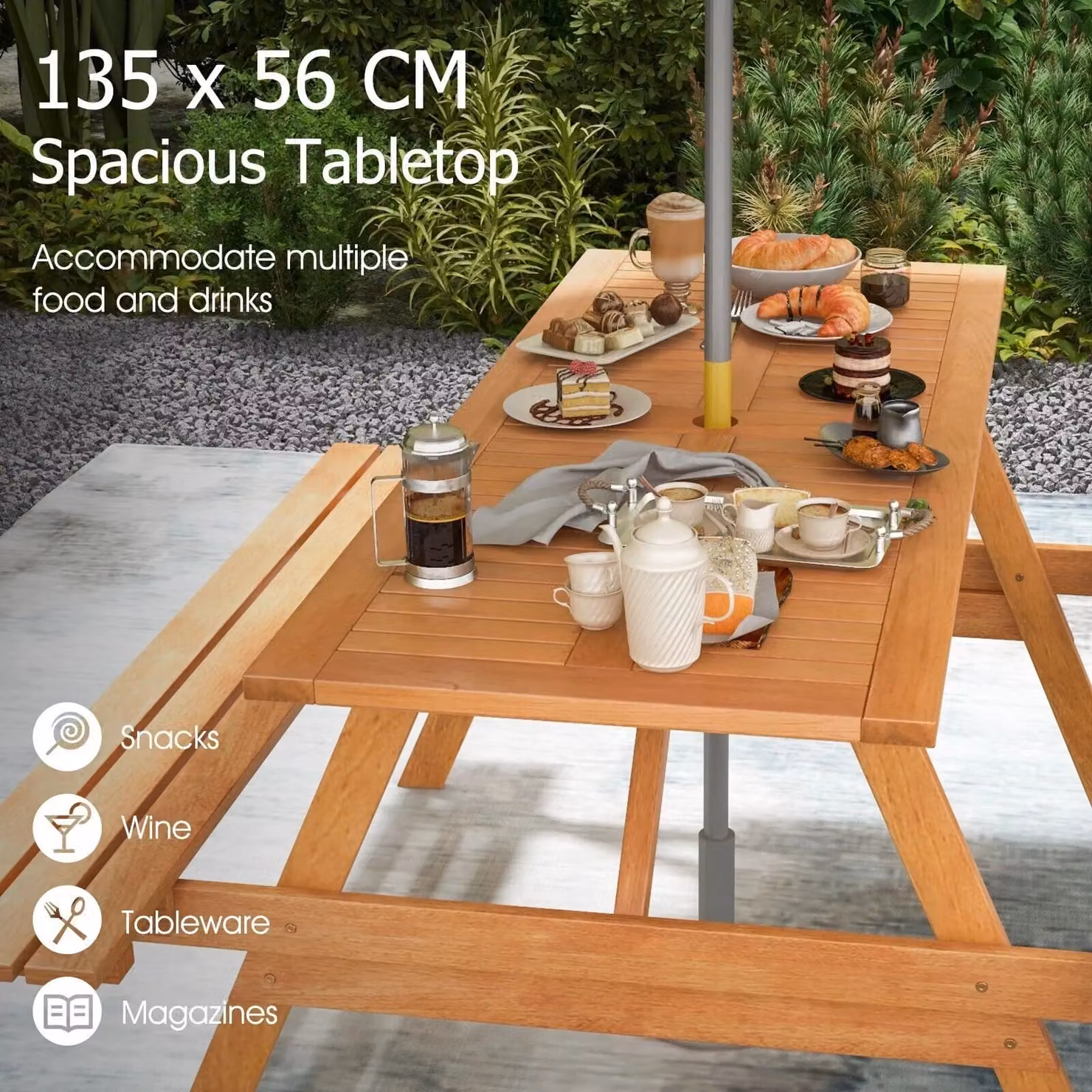 Gymax Natural Wood Outdoor Picnic Dining Table Set with 2 Built-in Benches for Garden and Patio – 2
