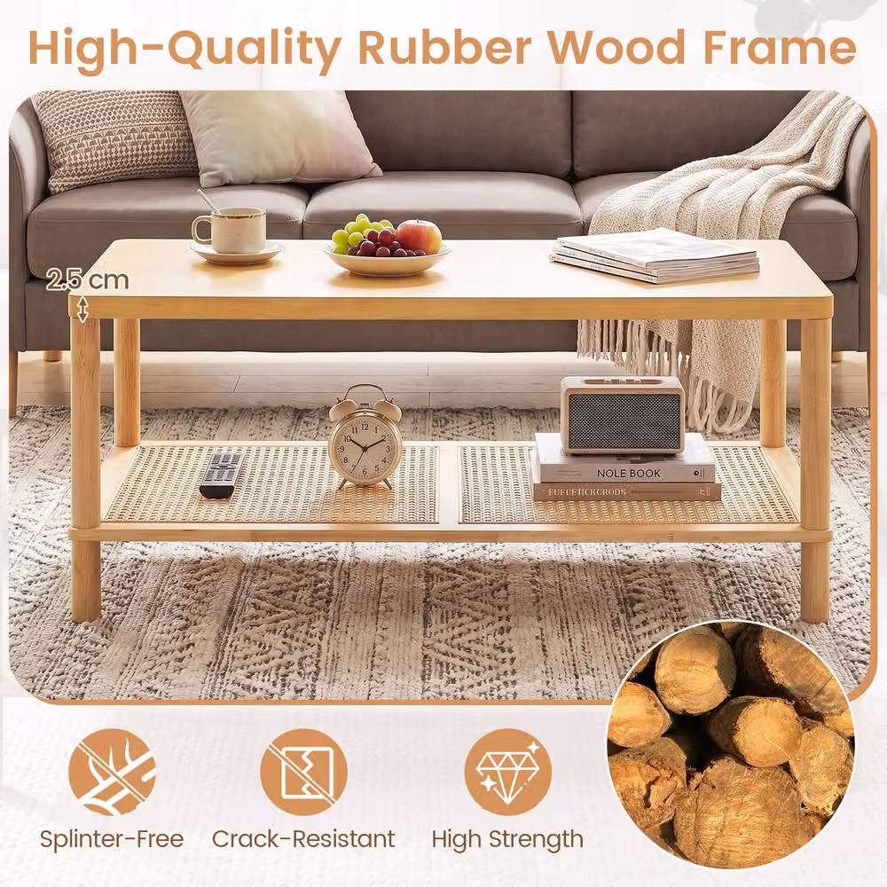 Costway Boho Rectangular Coffee Table in Brown Rubberwood and Rattan – 3