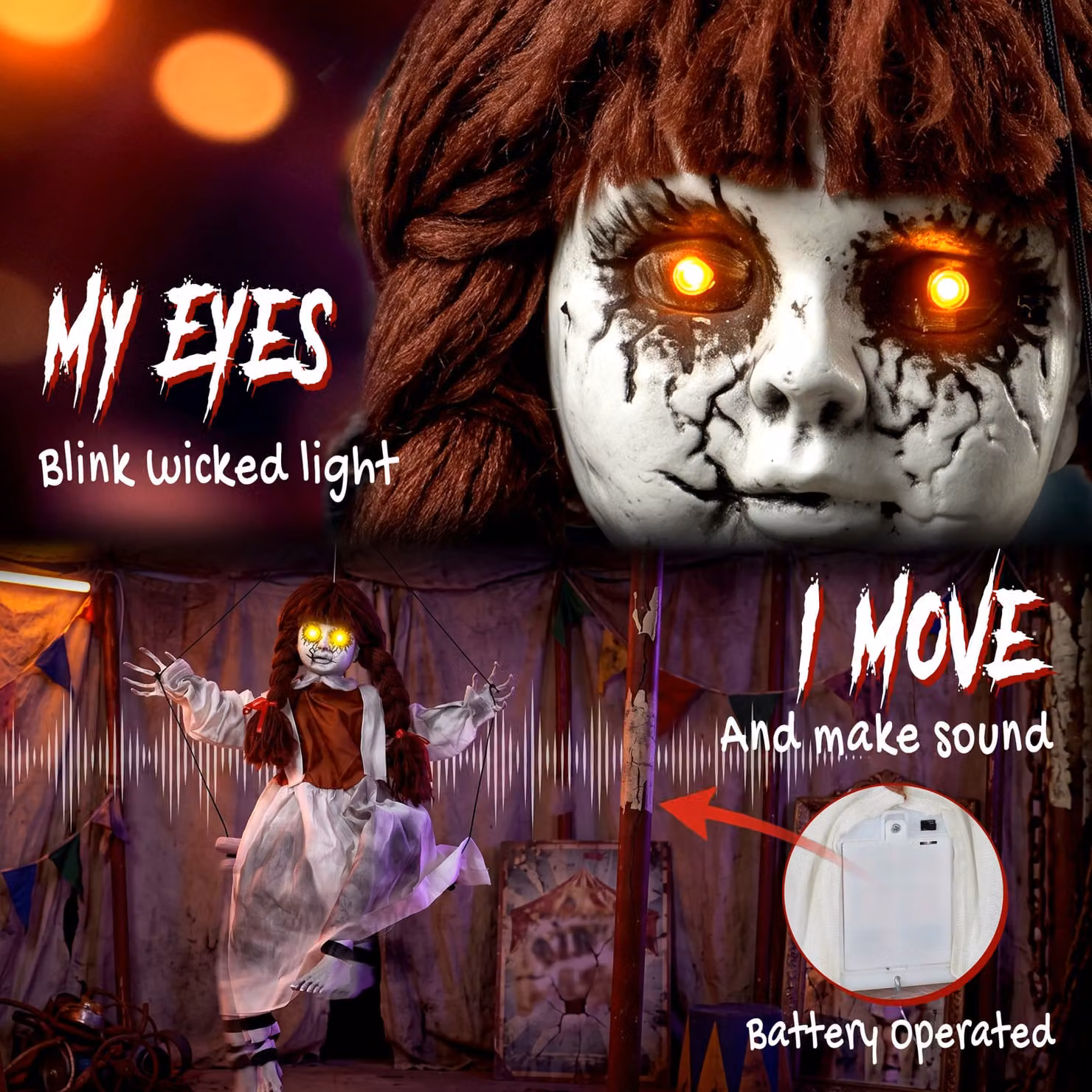 HOMCOM Halloween Animated Hanging Creepy Girl on Swing Decoration with Sound and Touch Activation, White – 3