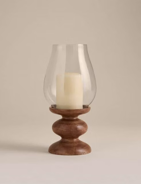 M&S Bobbin Wooden Hurricane Candle Holder in Brown and Beige with Glass for Pillar Candles