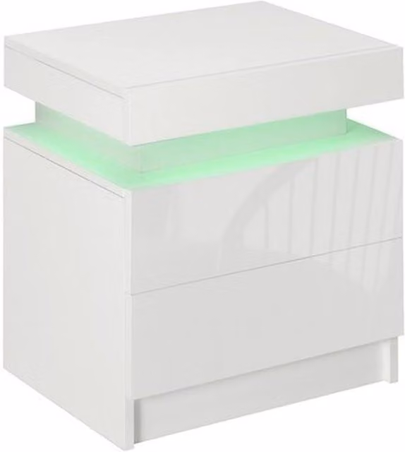 NESTLUNE High Gloss Bedside Table with Integrated LED Light and 2 Drawers in White