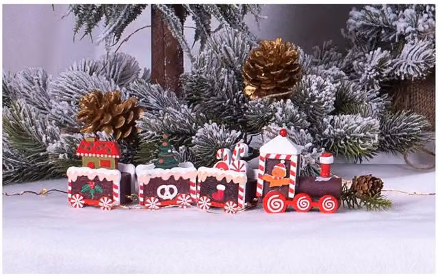 Netagon Red Striped Wooden Christmas Pudding Train Set Tabletop Decoration – 4