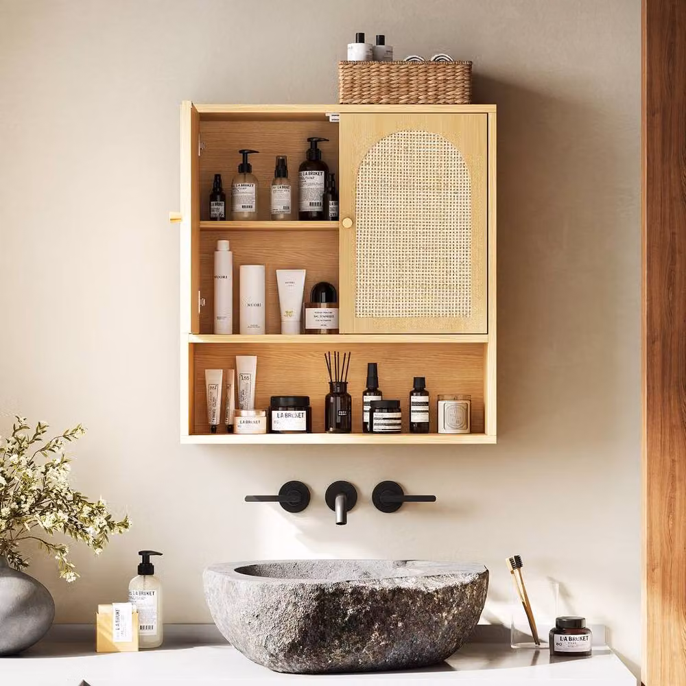 KORVIXA Oak and Bamboo Bathroom Wall Cabinet, Brown, W: 70 cm, H: 75 cm – 3