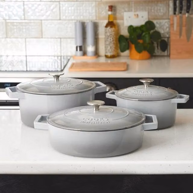 Cooks Professional Set of 3 Enamelled Cast Iron Casserole Dishes with Lids, Grey and Black