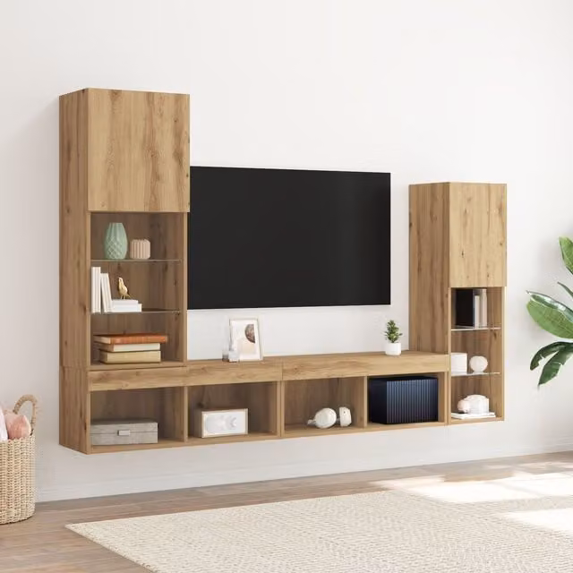 Berkfield Home Artisan Oak TV Cabinet with Integrated LED Lights in Brown, W/D/H: 40.5 x 30 x 102 cm