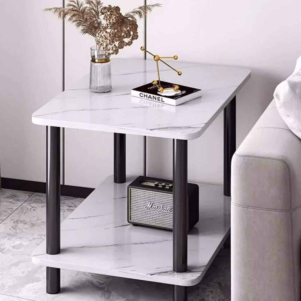 KORVIXA White 2-Tier Modern Side Table with Marble Effect Storage Shelf – 3
