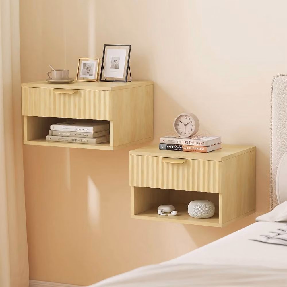 HOMCOM Set of 2 Modern Wall Mounted Floating Nightstands in Light Oak – 2