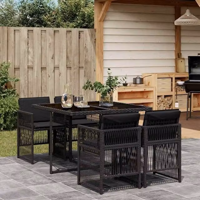 Berkfield Home Modern Polyrattan Garden Dining Set with Glass Top in Black – 1