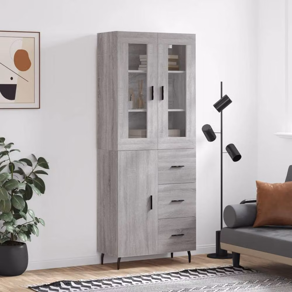 Berkfield Home Grey Sonoma Highboard with Glass and Metal Details, W/D/H: 69.5 x 34 x 180 cm – 2
