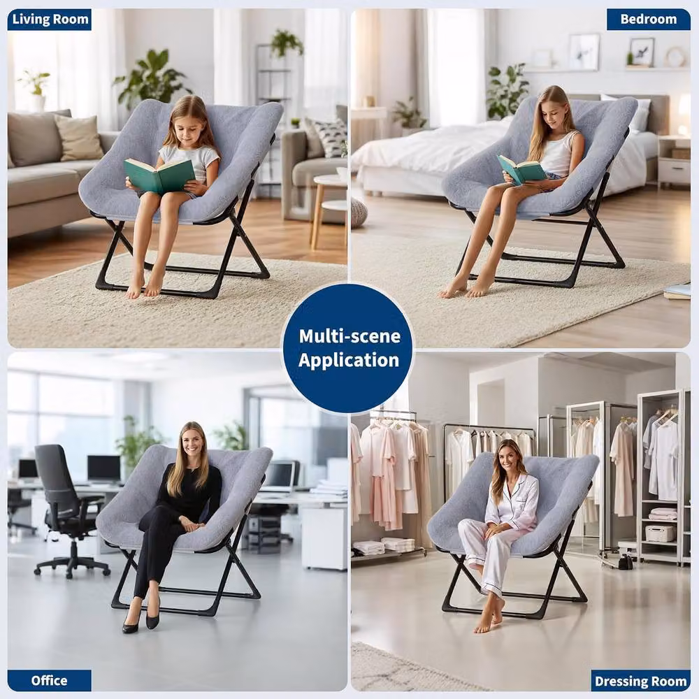 London Boutique Grey Folding Saucer Lounge Chair with Ottoman – 4