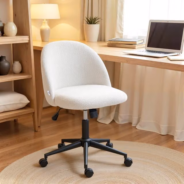 HOMCOM White Bouclé Swivel Task Chair with Castors for Home Office