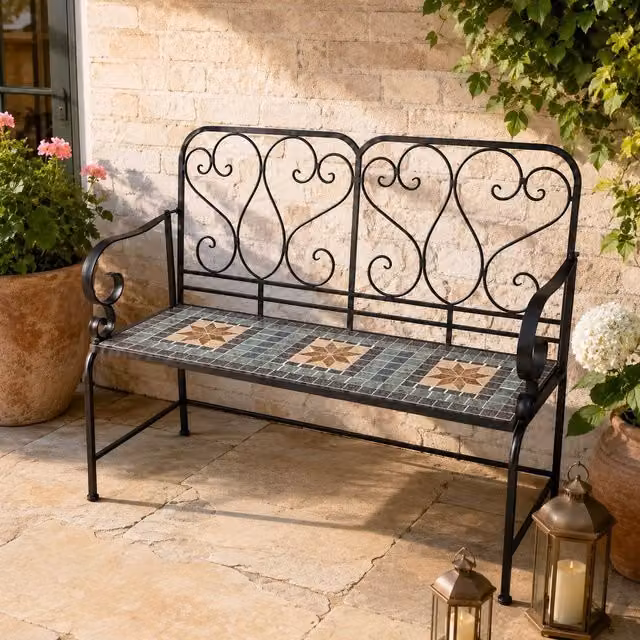 Shatchi Marrakech Mosaic 2 Seater Garden Bench with Black Metal Frame and Geometric Ceramic Tile Seat