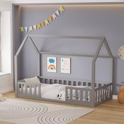 WestWood House Shaped Montessori Toddler Bed Frame in Grey Solid Pine Wood, 90 x 190 cm