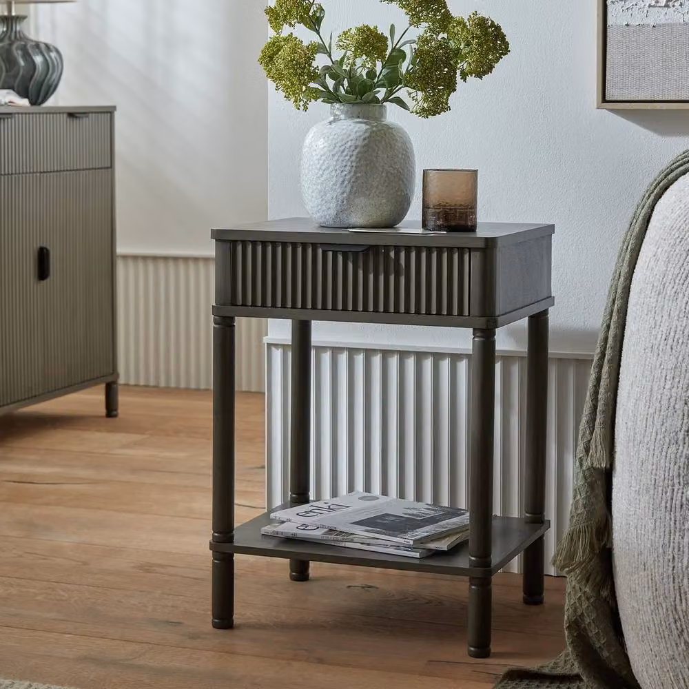 Lemon Pavilion Furniture and Decor Reed Collection 1 Drawer Side Table in Grey Wood, W: 45 cm, D: 45 cm, H: 61 cm – 4