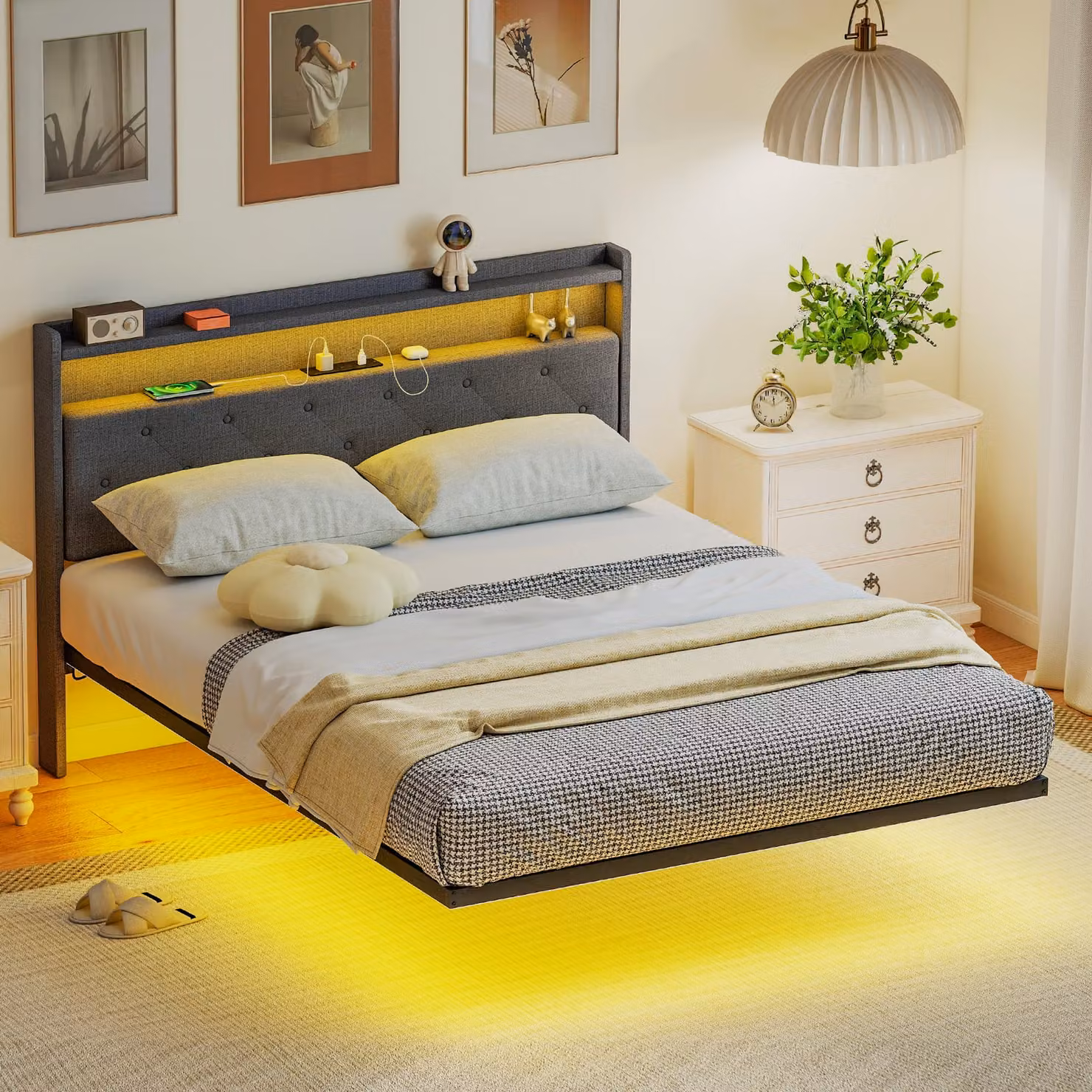 HOMCOM Upholstered Floating Double Bed Frame in Grey with RGB LED Lights, USB Charging Port and Side Compartments, W/D/H: 140 x 200 cm – 2